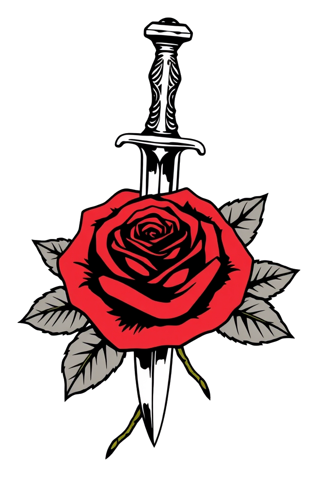 A dagger pierces a rose on a dark velvet background