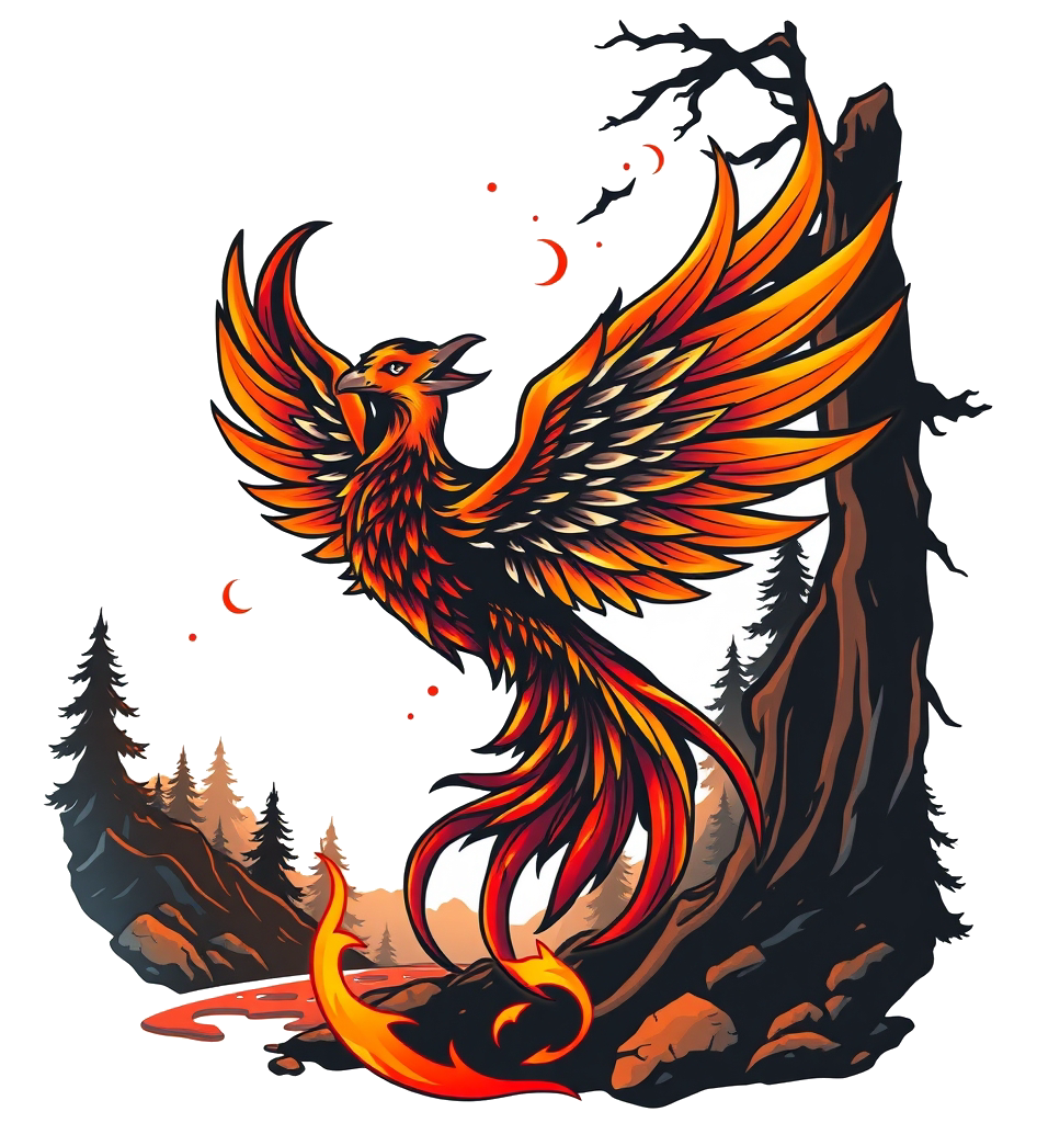 A fiery phoenix in a mystical landscape with warm lighting and vibrant colors