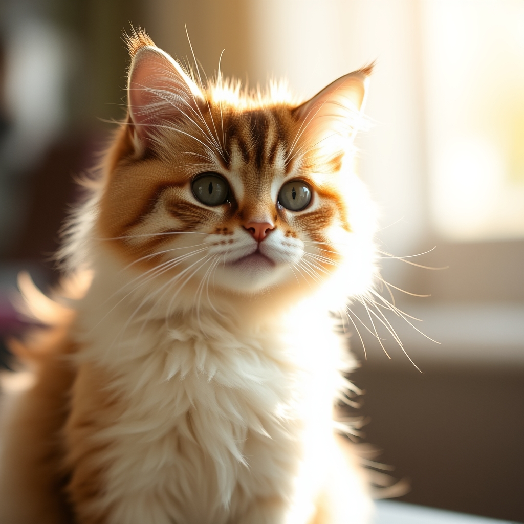 A Fluffy Cat in Soft, Natural Light, Illuminated by Morning Sun