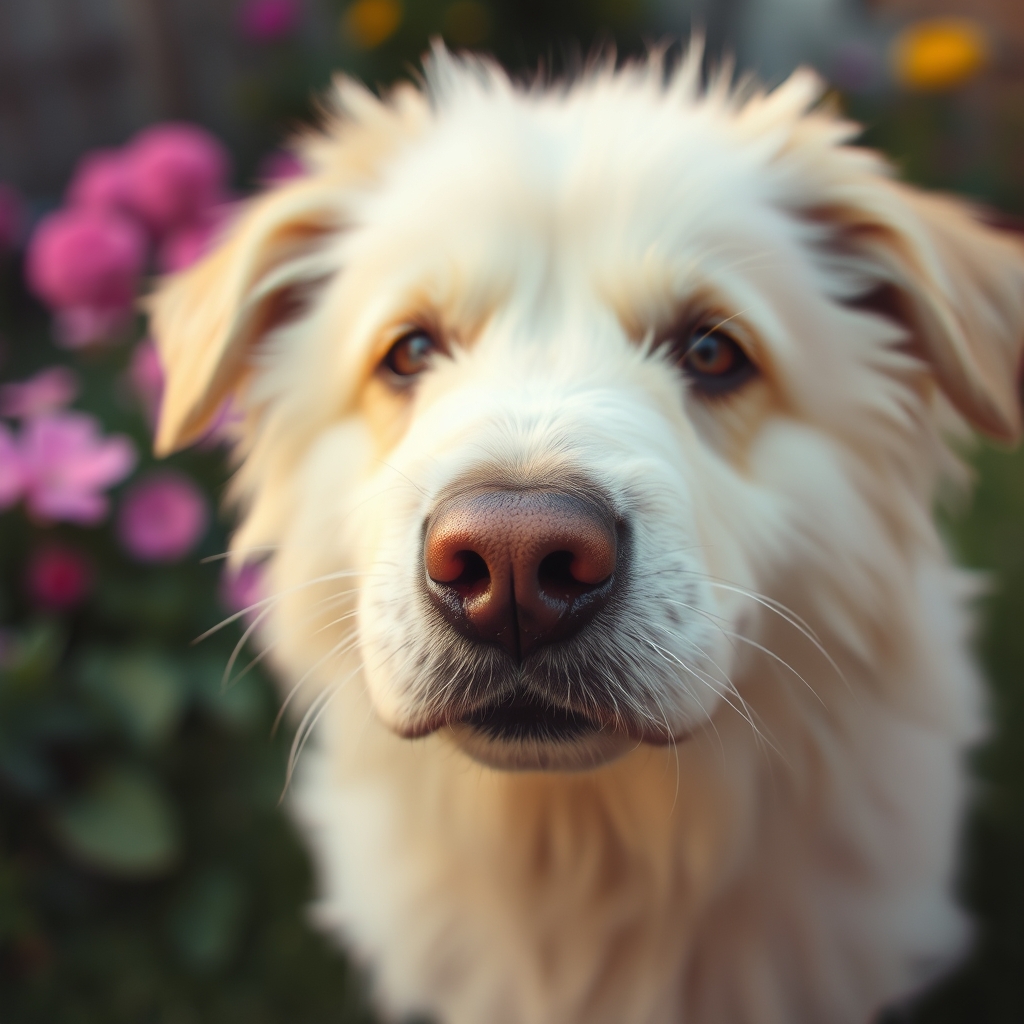 温かい光が差し込むパステルカラーの庭にいるふわふわした犬