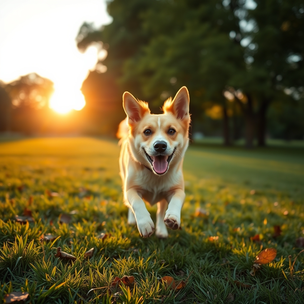 A happy dog running in a green park on a sunny day at sunset.