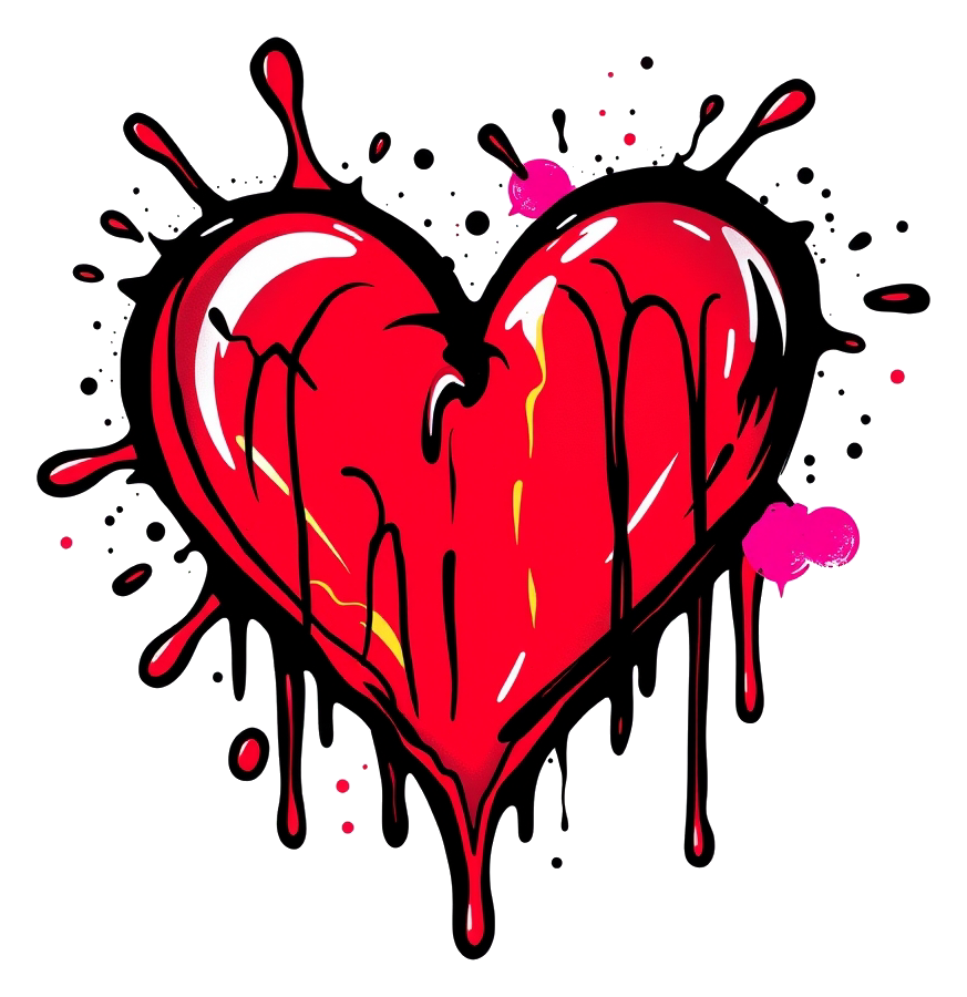 A red heart with colorful drips on a white background
