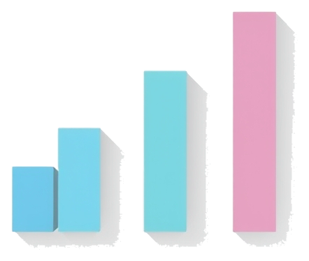 A rising bar chart on a light background with subtle shadows