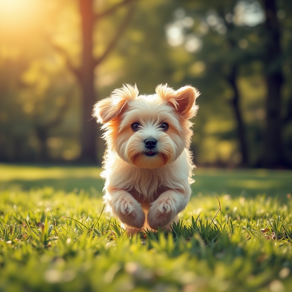 A small, fluffy dog running in a green meadow on a sunny day
