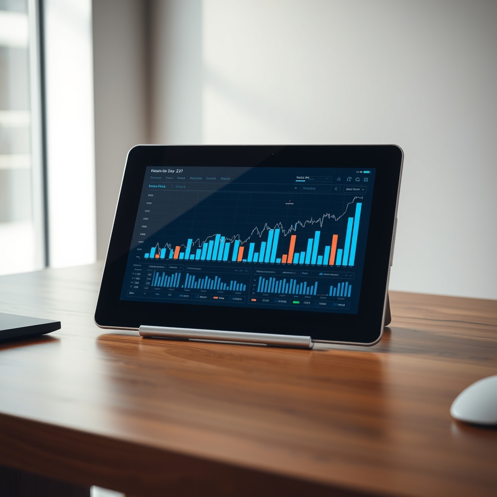 A tablet screen displays business charts on a wooden desk with soft lighting