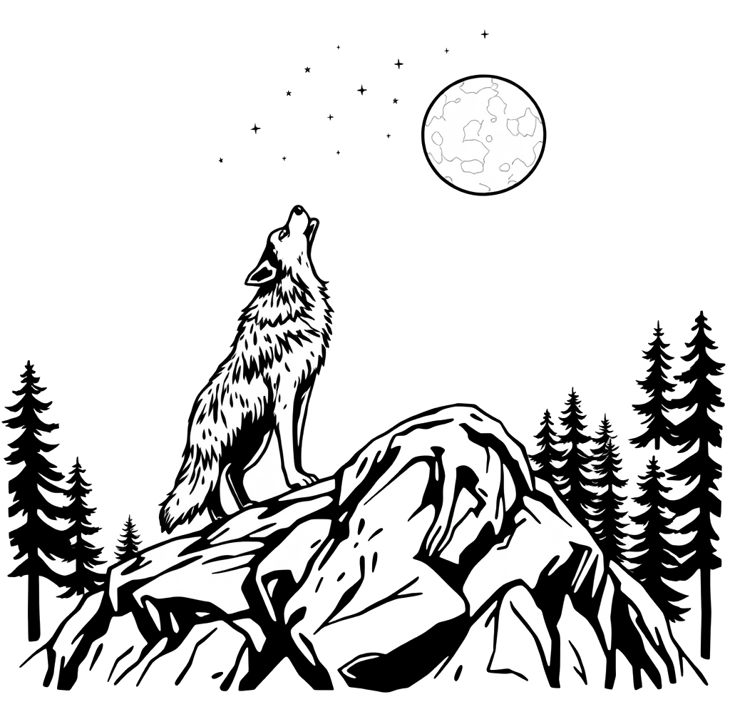 A wolf stands on a rocky hill
