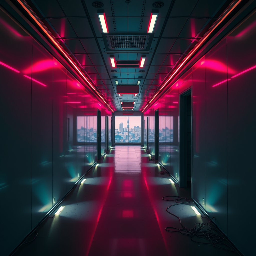 Abandoned Futuristic Corridor with Neon Lights and Cityscape View