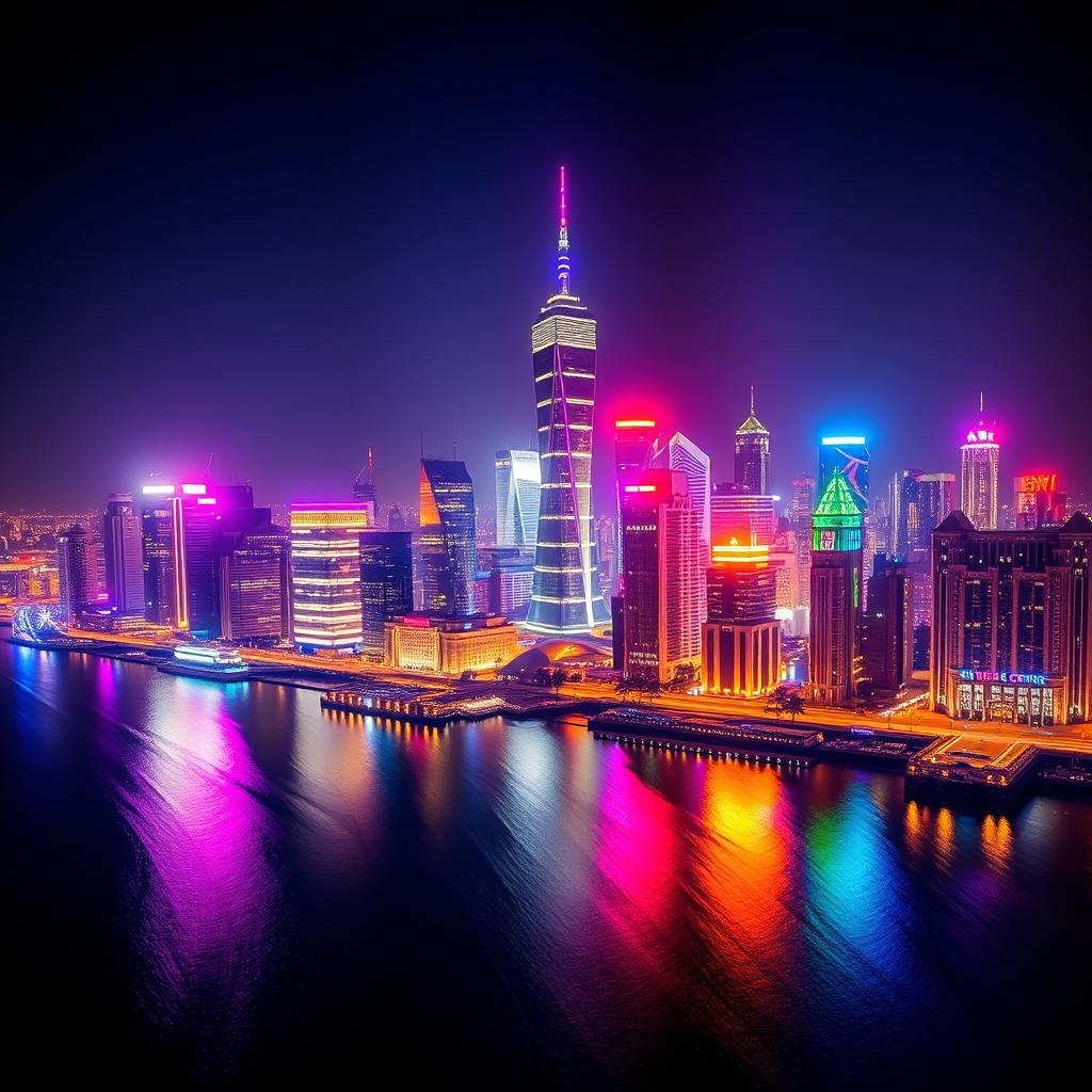 Aerial View of Shanghai's City Lights at Night with Colorful Reflections