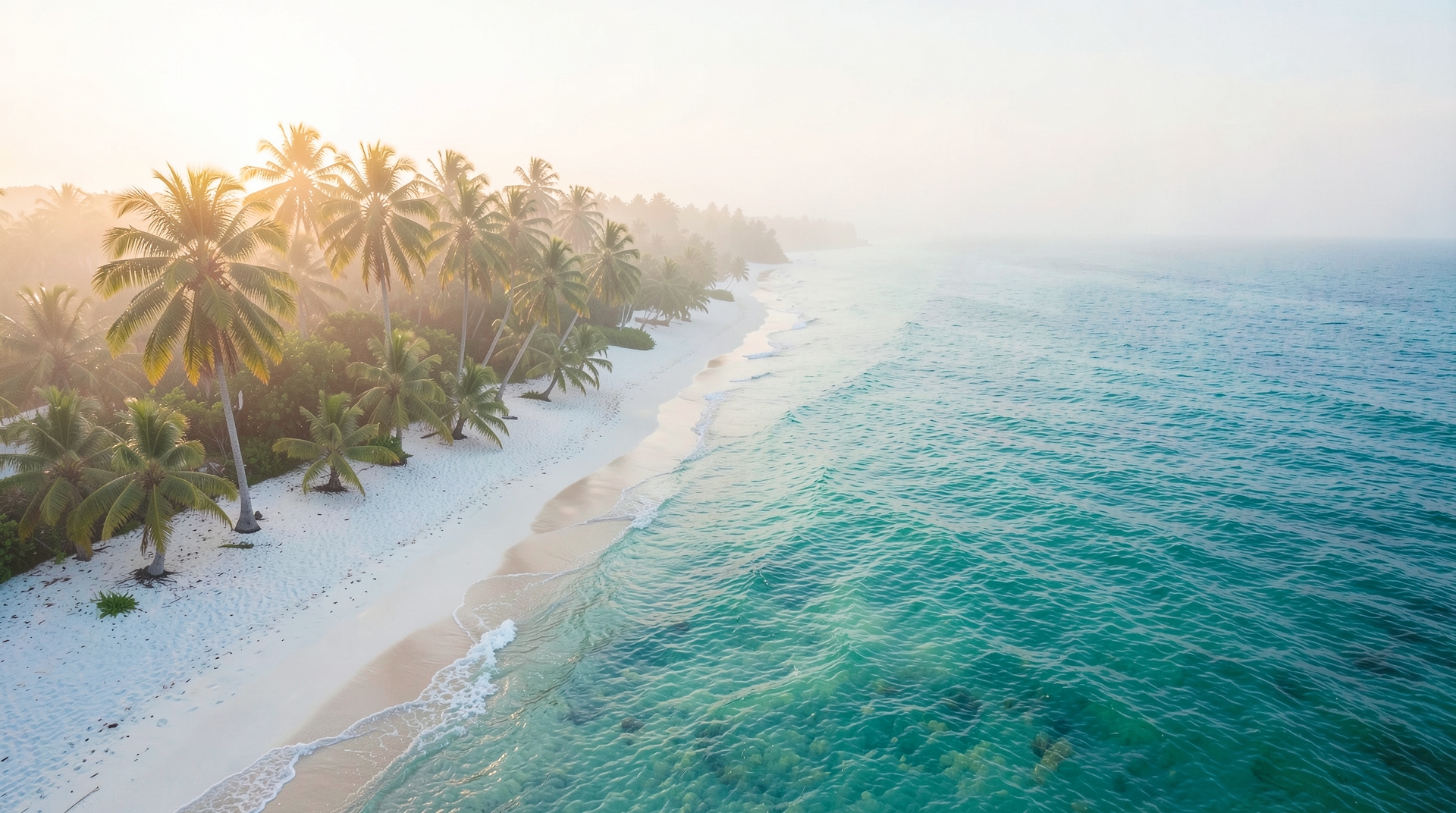 Aerial view of a tropical beach with palm trees, turquoise water, and soft white sand at dawn
