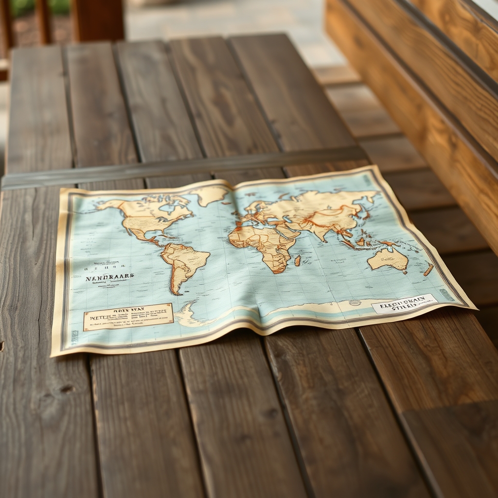 An aged map on a wooden bench, exuding a sense of classic style and warmth