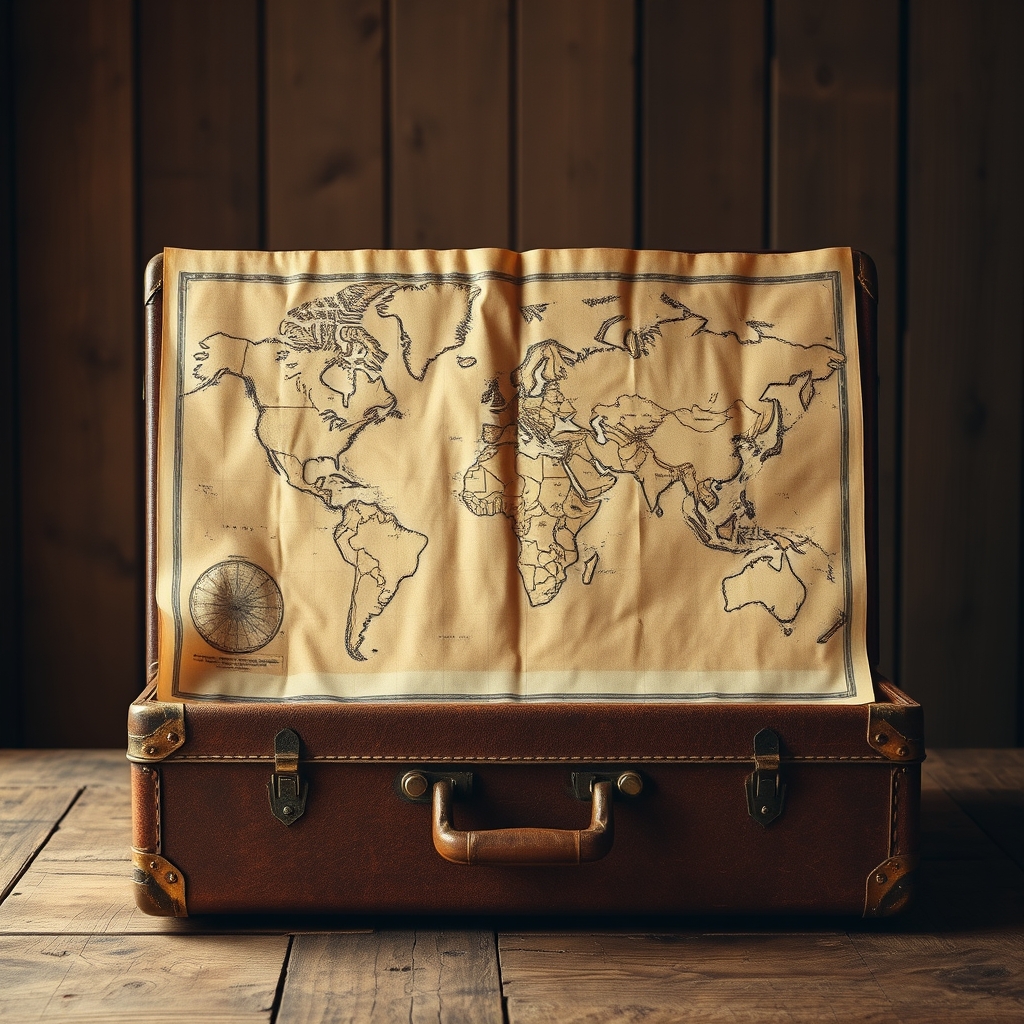 Aged Map on Suitcase with Creased Map