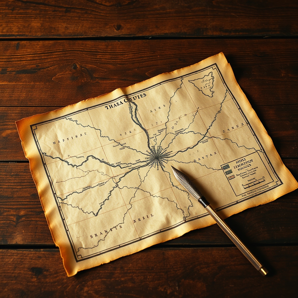 Aged map on wooden table with warm lighting.