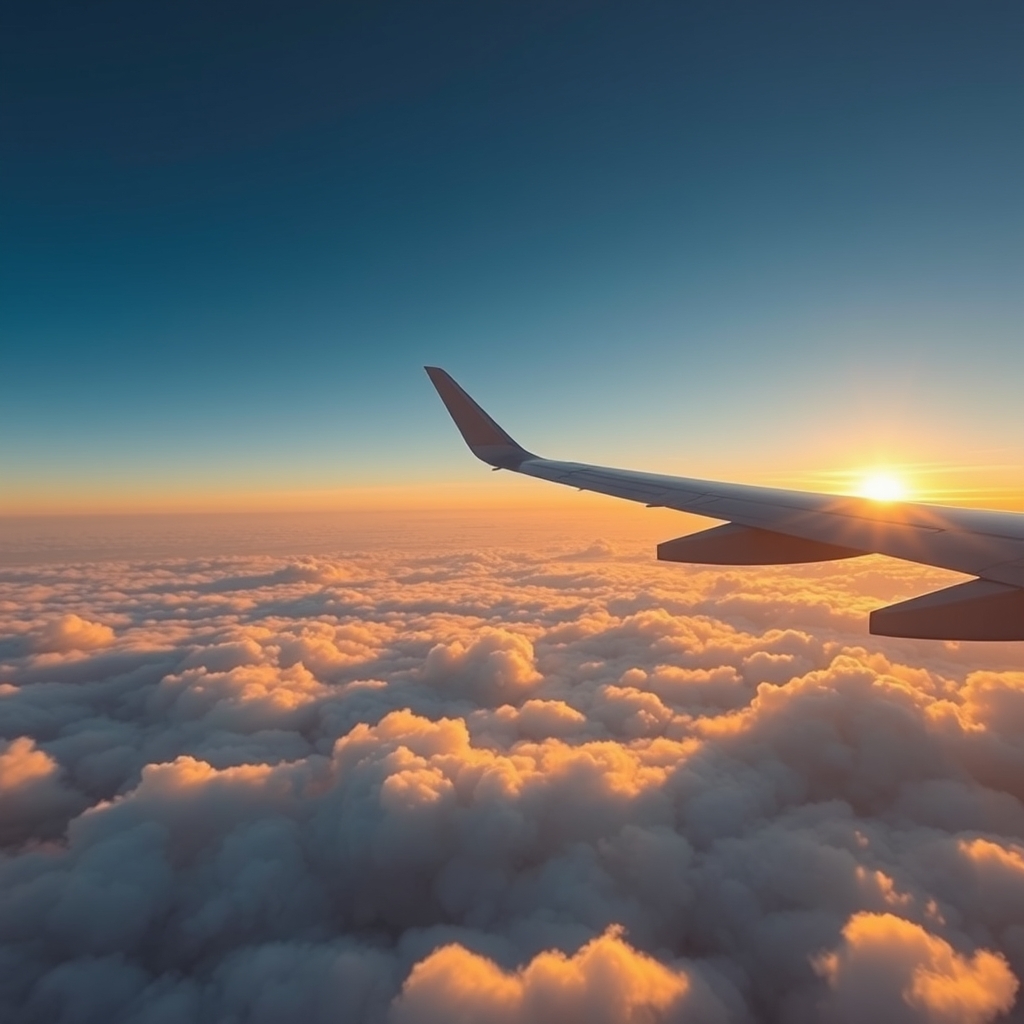Airplane wing above fluffy white clouds