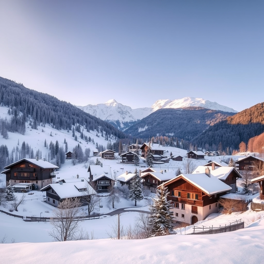 Snow-covered village in the Alps, serene mountain landscape, soft natural light, warm colors, peaceful composition.