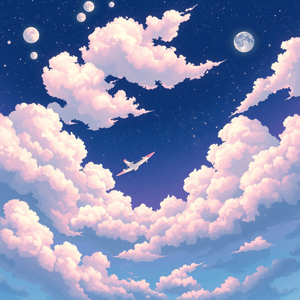 Anime-Style Night Sky with Fluffy Clouds and Stars