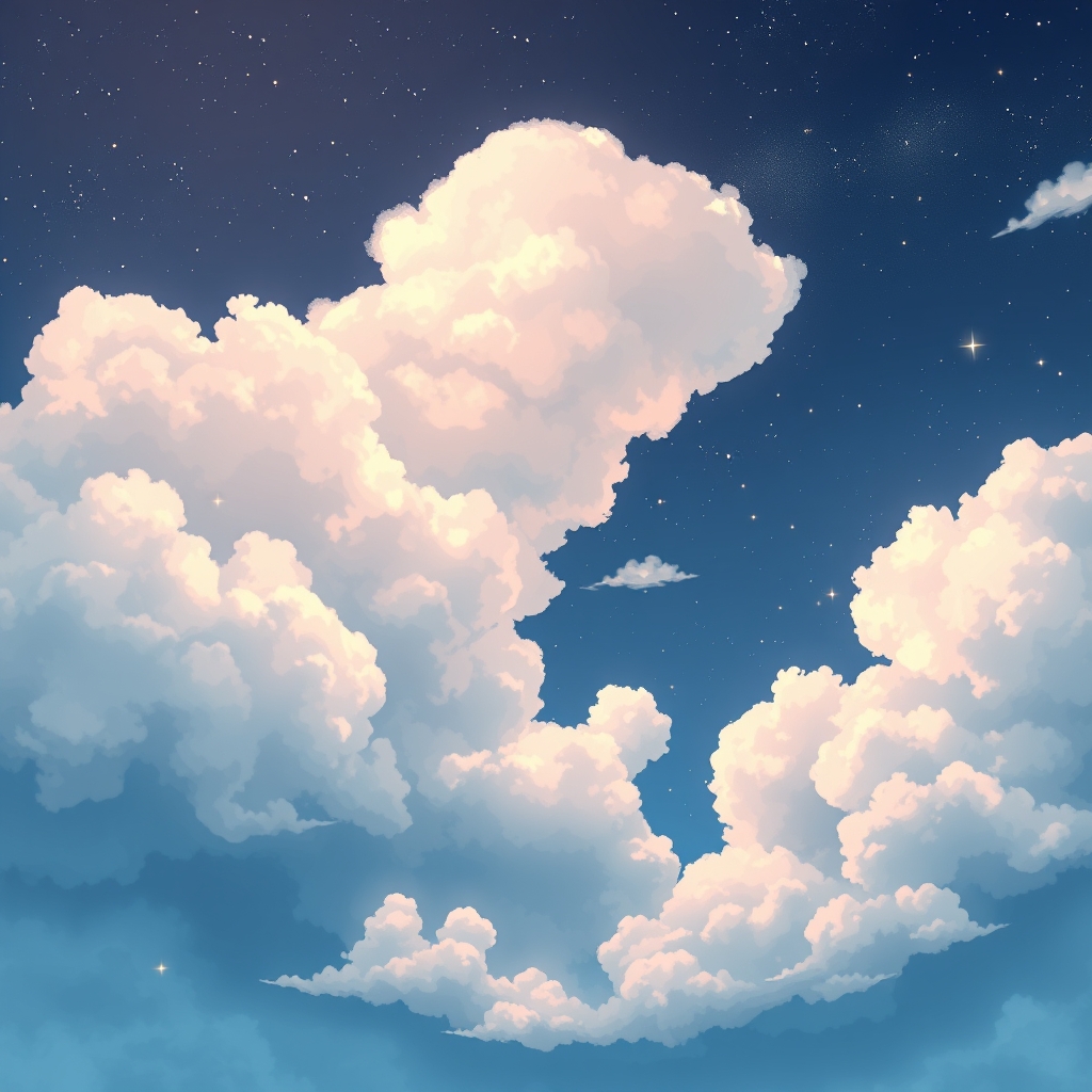 Anime-style night sky with fluffy clouds and twinkling stars.