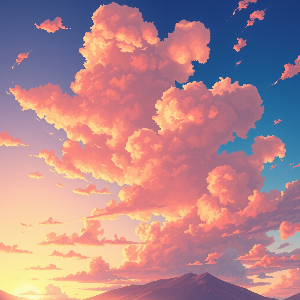 Anime Sunset Sky with Fluffy Clouds and Warm Lighting