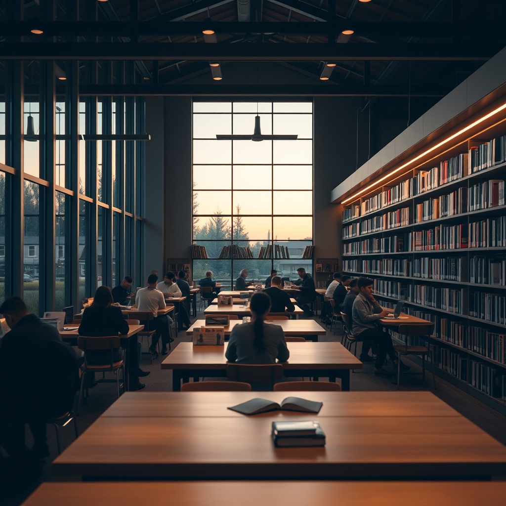 Anonymous people studying in a modern library with natural light and wooden tables