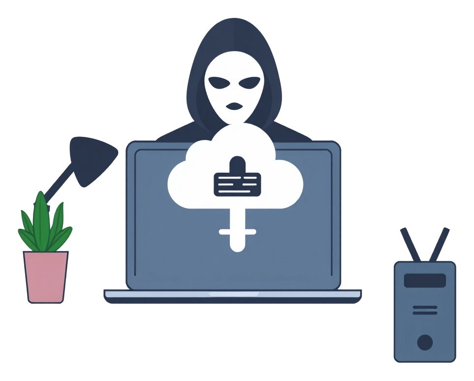 Anonymous person uploading data to cloud storage on a laptop