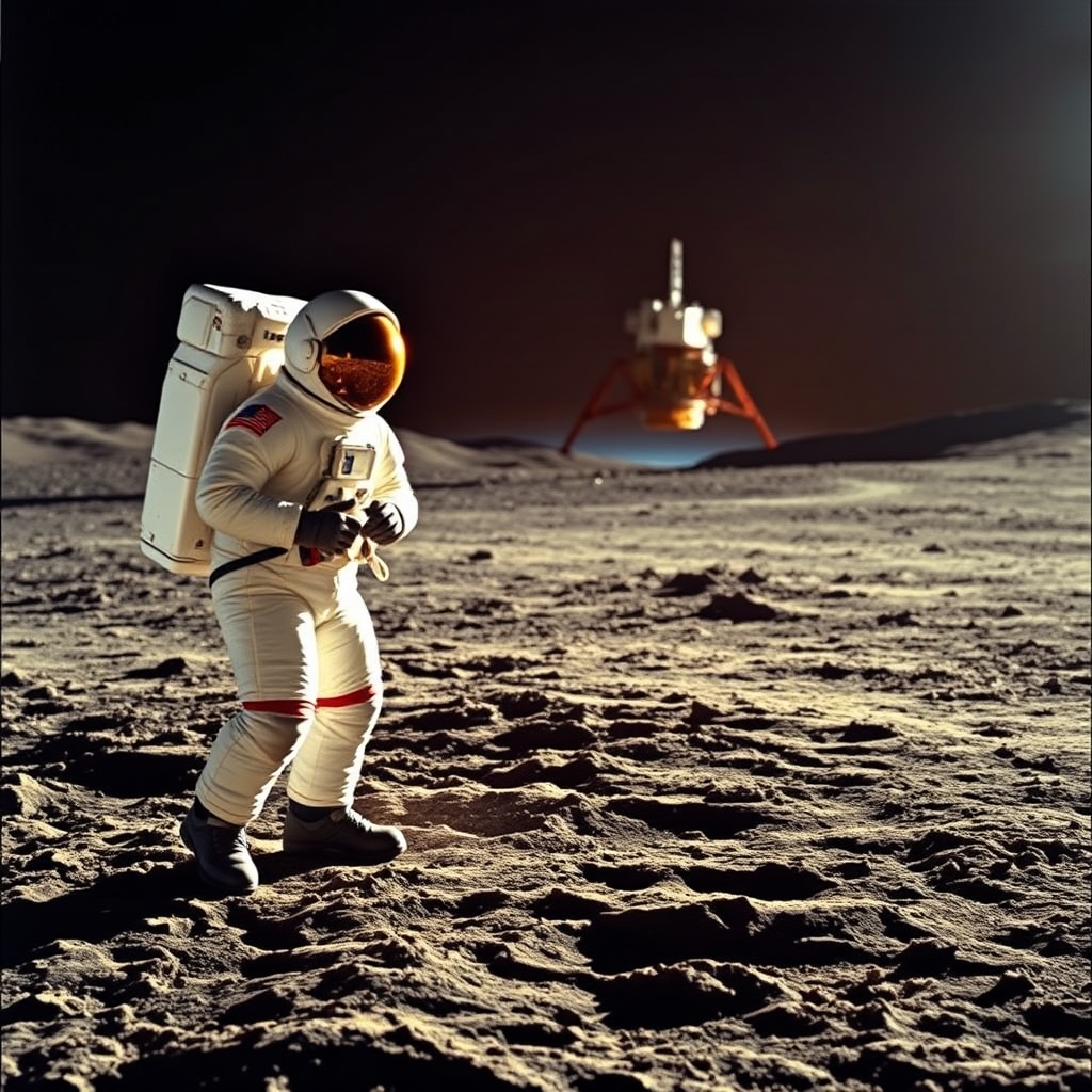 Astronaut on Moon Surface at Sunset