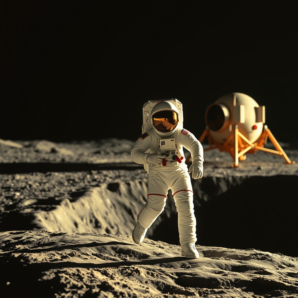 An astronaut in a white spacesuit with red stripes walking on the edge of a moon crater, with a lunar module in the background.
