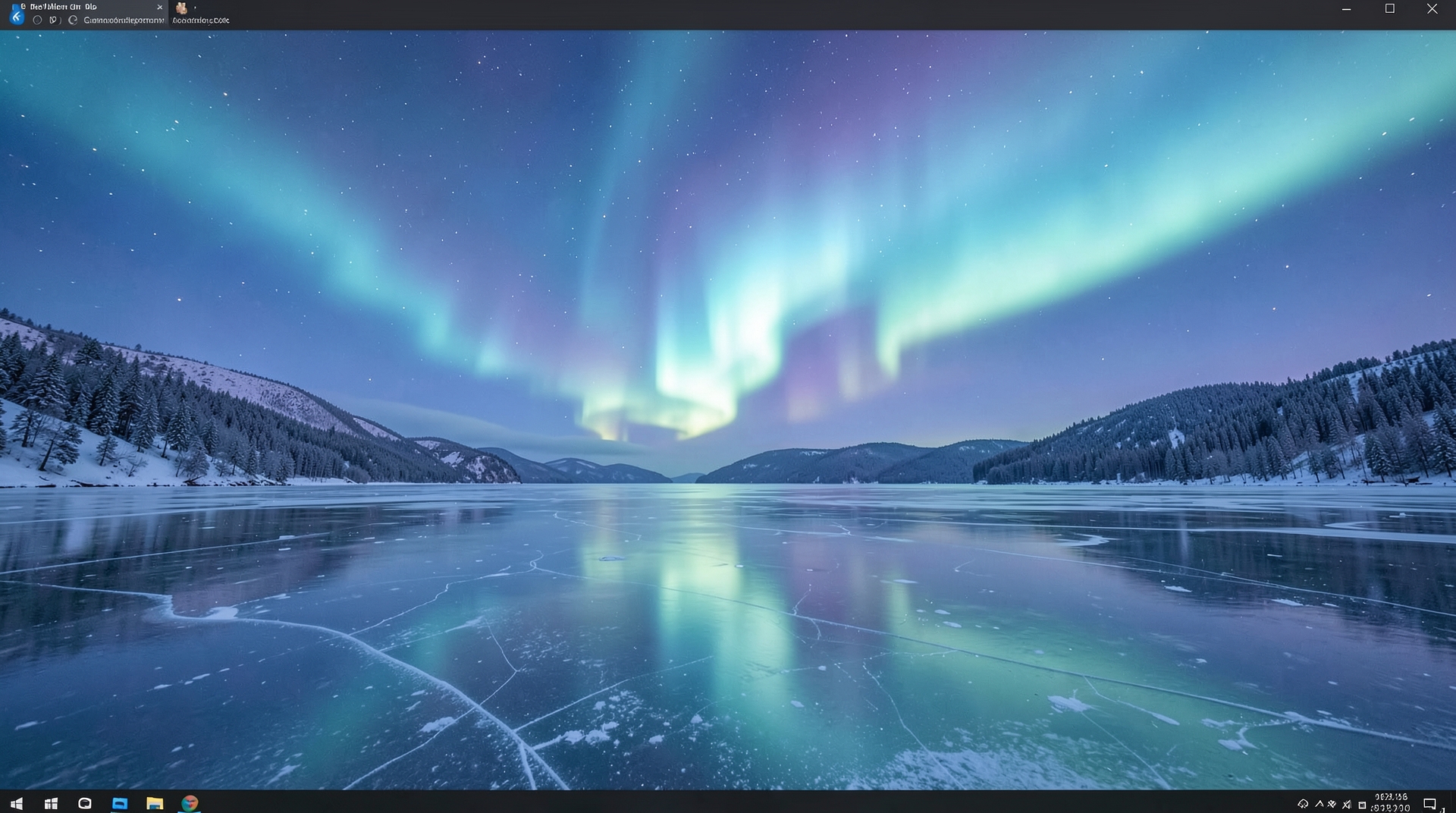 Aurora borealis over a serene frozen lake