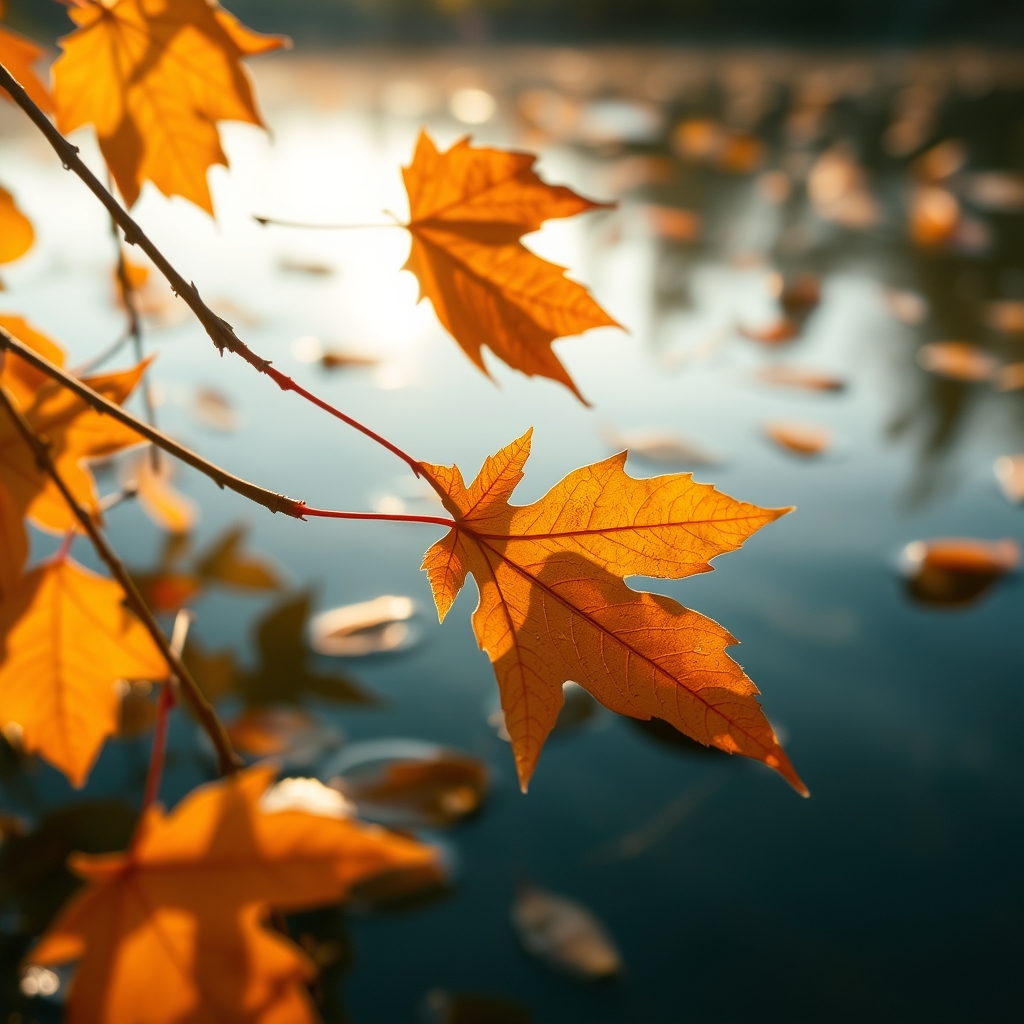 Autumn leaves floating on a serene lake in soft, warm light.
