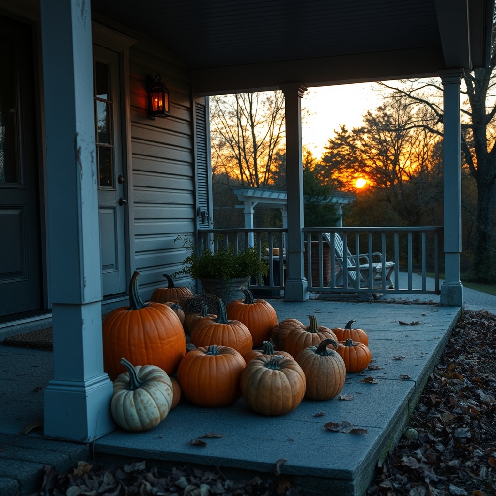 A porch with pumpkins and autumn leaves at sunset.