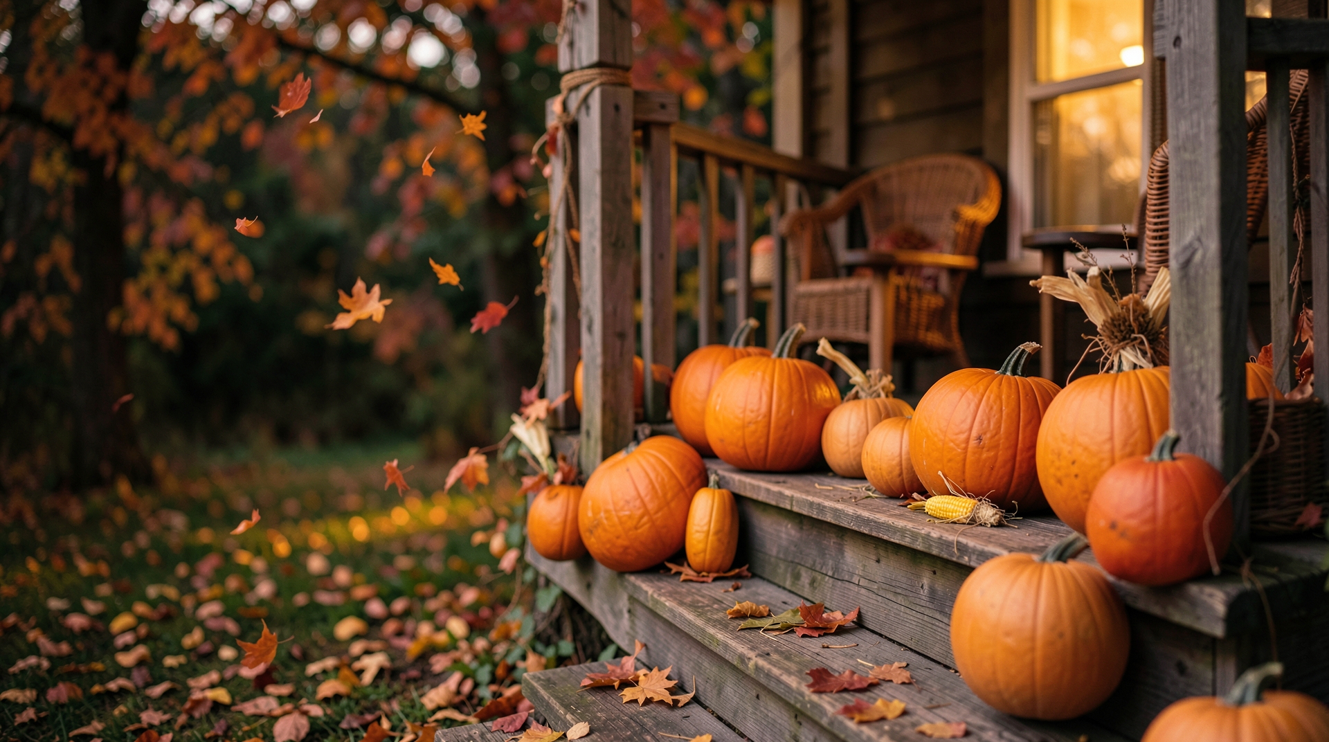 Autumn Pumpkins on Porch at Night: A Festive Scene with Warm Lighting and Seasonal Decorations.