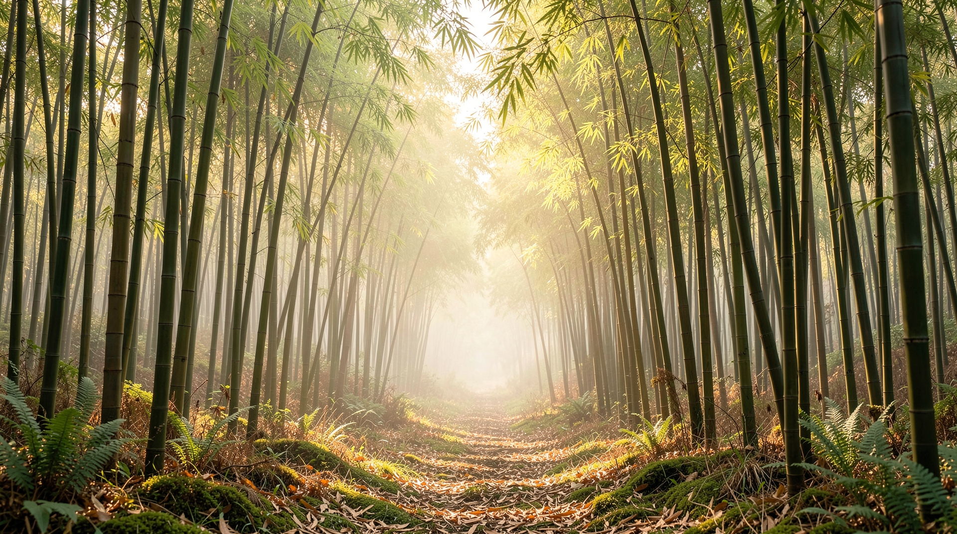 Serene bamboo forest with soft, warm light and misty atmosphere.