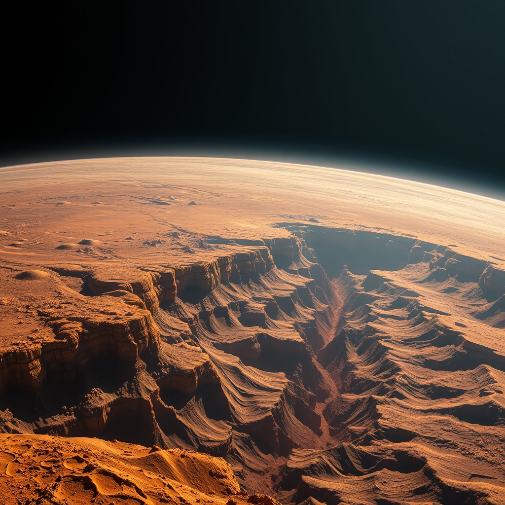A barren planet with a vast canyon, illuminated by dramatic lighting.