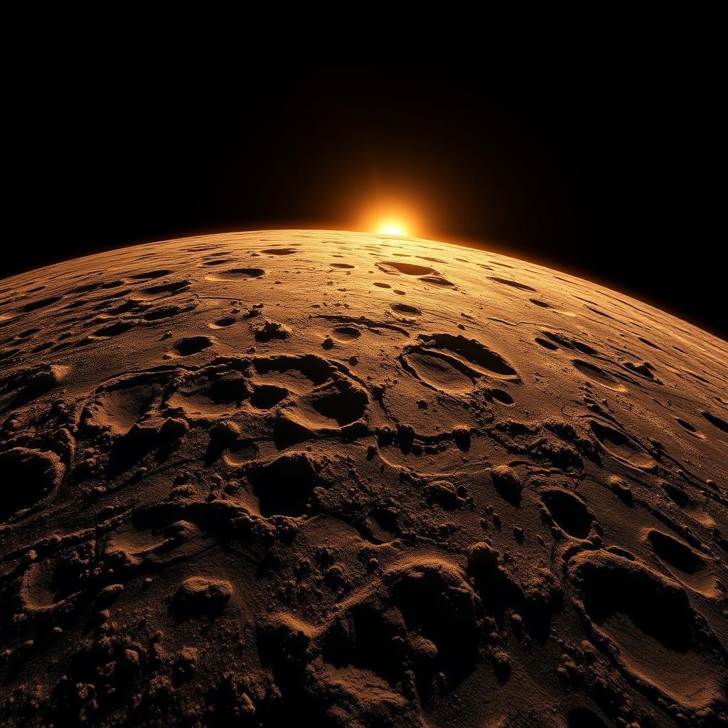 A barren planet surface with craters, bathed in the warm light of sunrise.