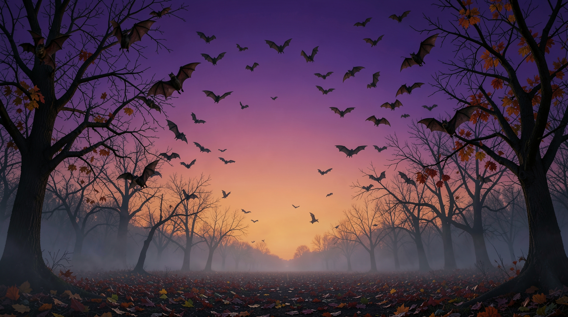 Bats Flying in Spooky Autumn Forest