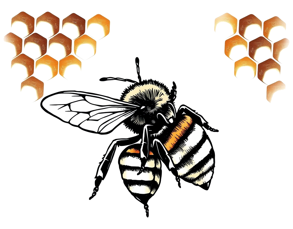 Macro of busy bee in honeycomb cell, warm light, shallow depth, tattoo flash design