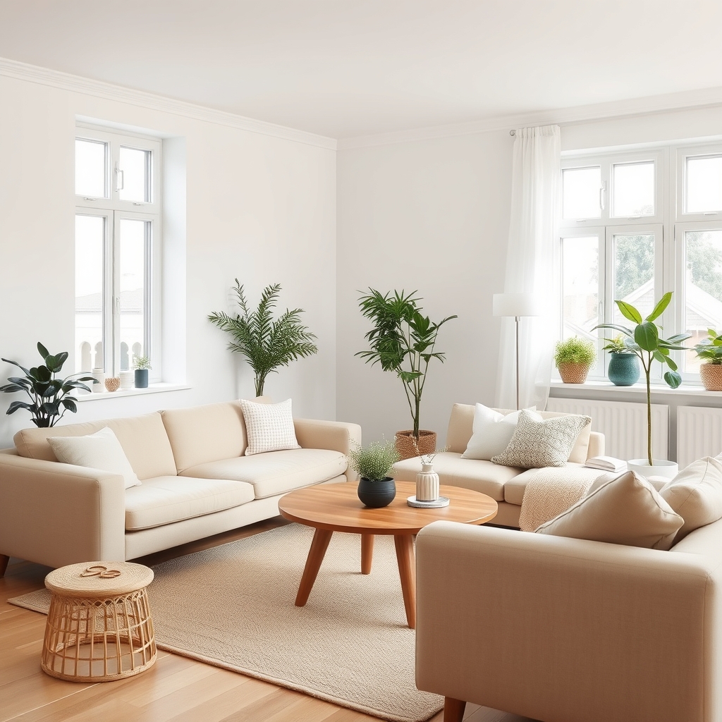 A Scandinavian living room with beige sofa, wooden coffee table, and plants.