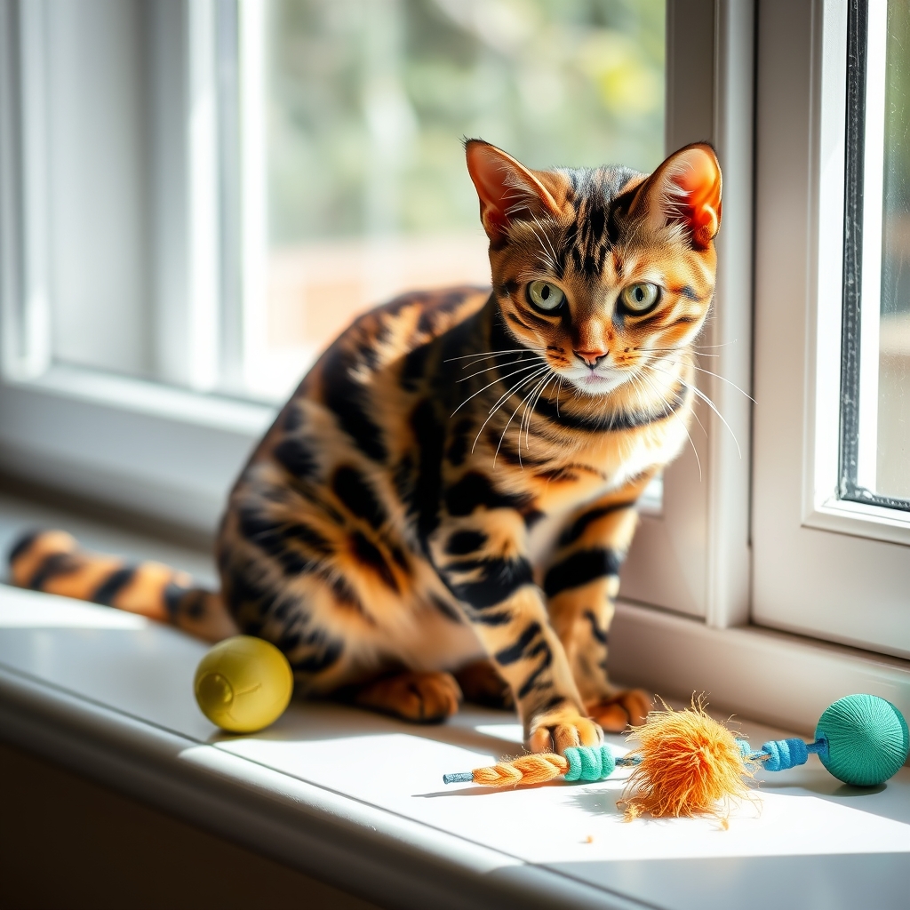 A Bengal cat in natural light, playing with toys.