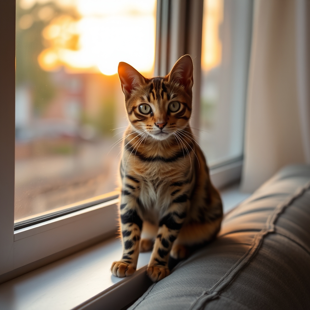Bengal cat on a windowsill with natural light and blurred background