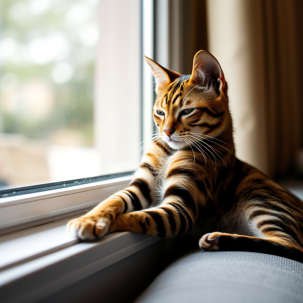 Bengal cat on a windowsill with natural light and blurred background