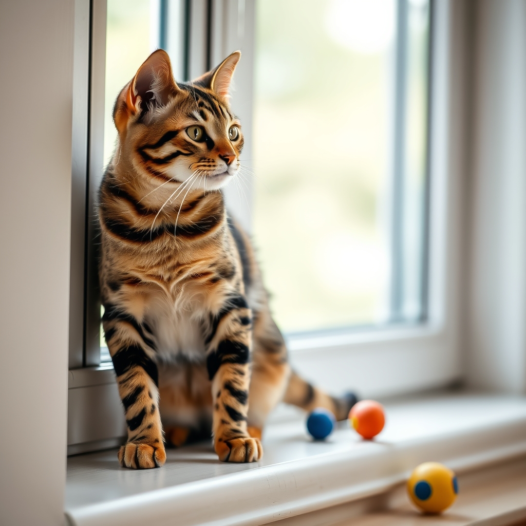 A Bengal cat sitting on a windowsill, looking outside, with toys on the floor in the foreground.