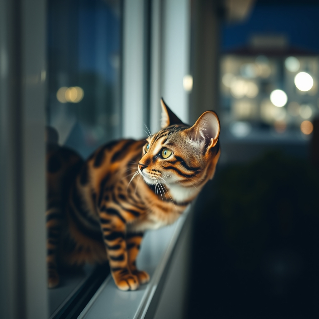 Bengal Cat on Windowsill at Night