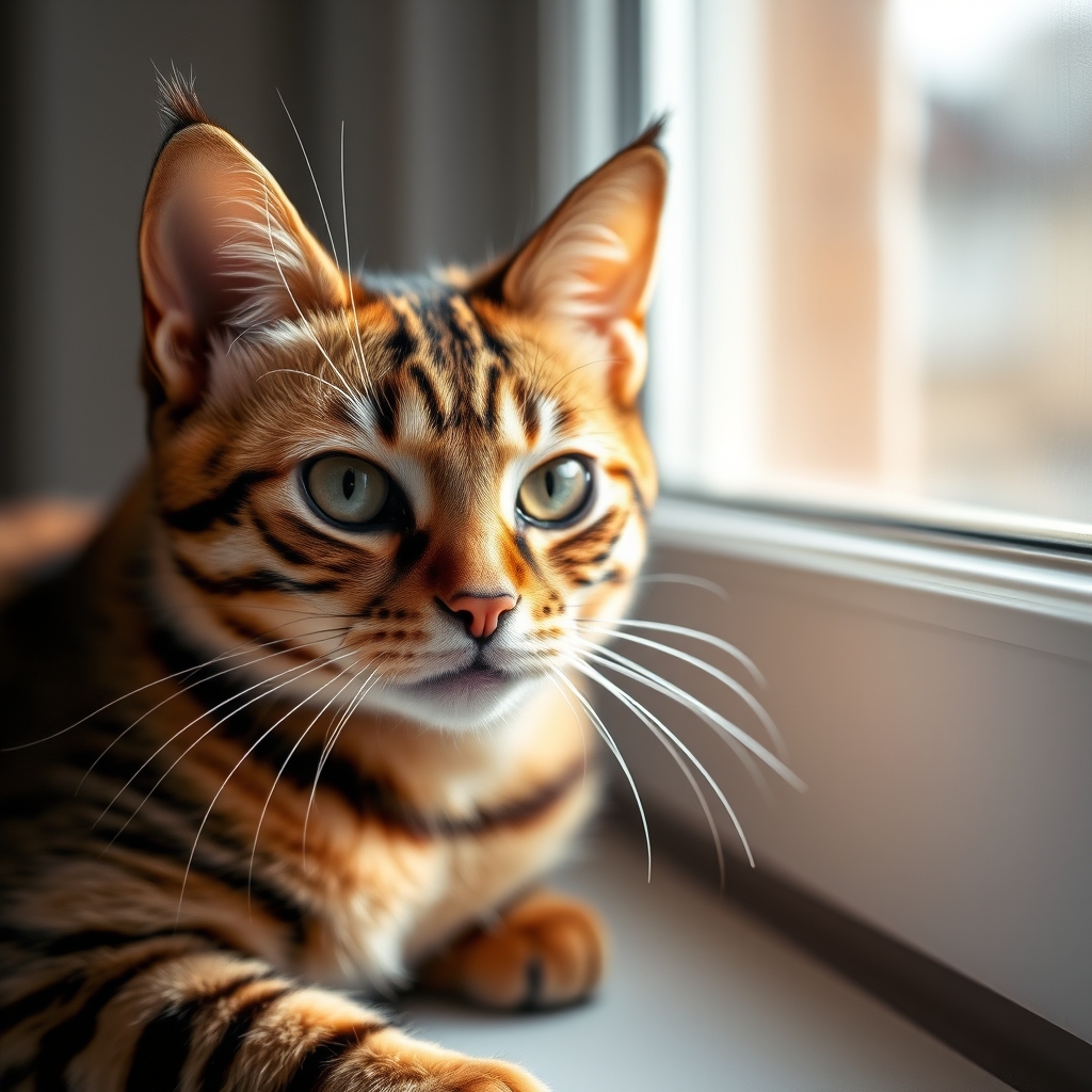 Bengal cat on windowsill with natural light