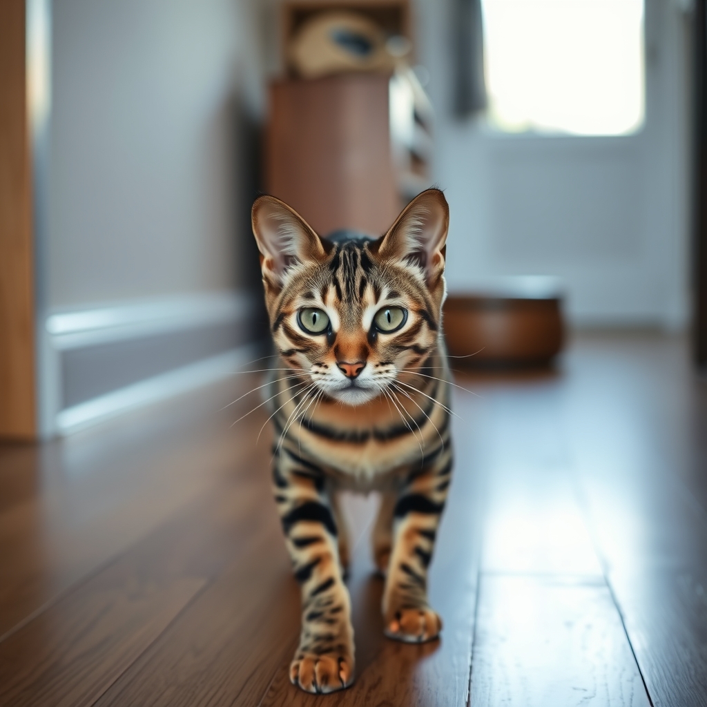 Bengal Cat on Wooden Floor