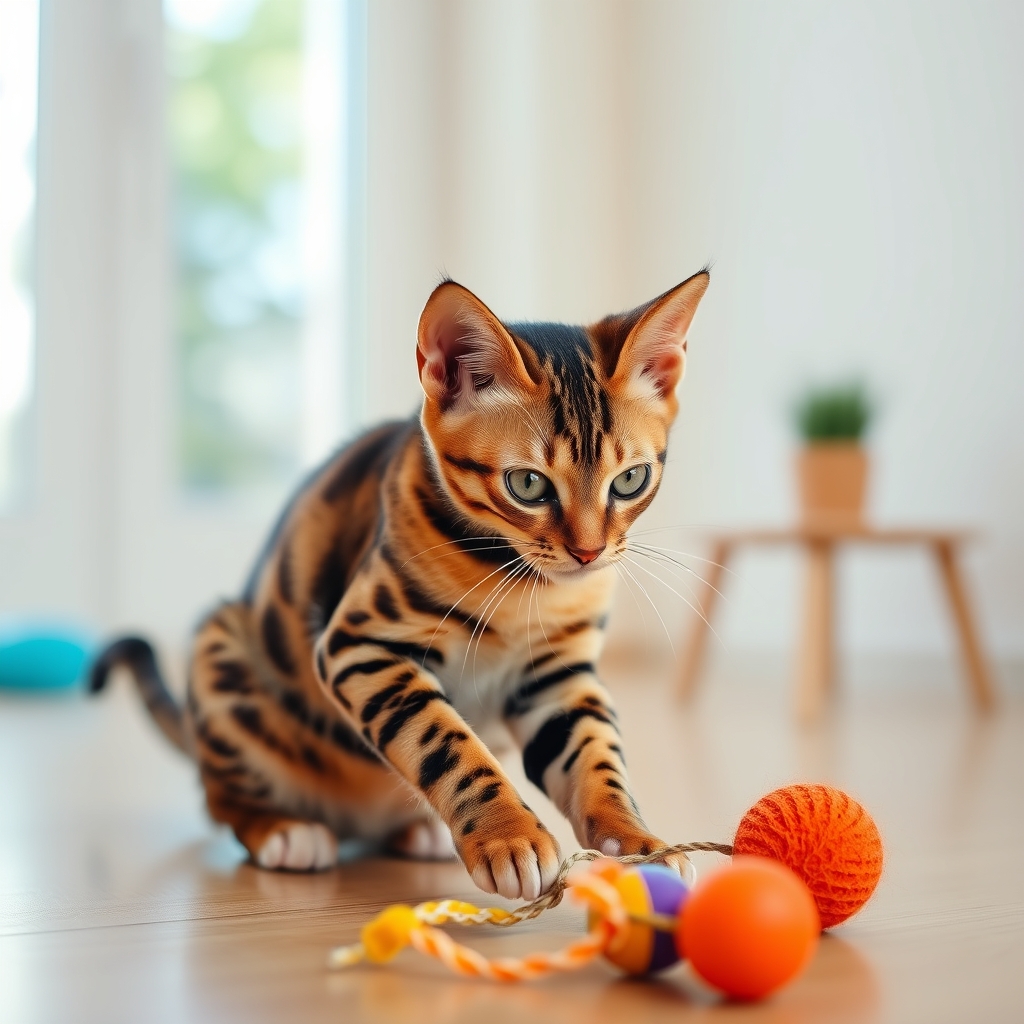 Bengal Cat Playing with Orange Toy in Bright Room