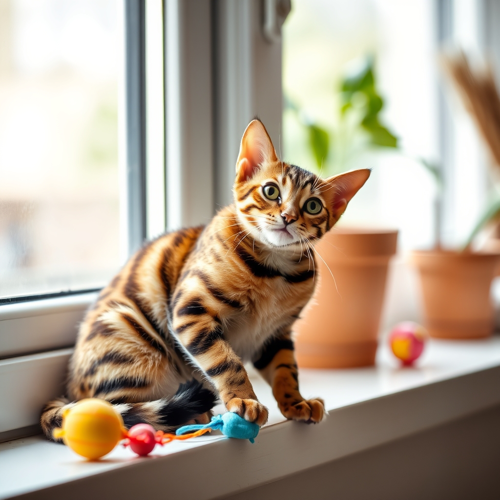 Bengal Cat Playing with Toys in Bright Room