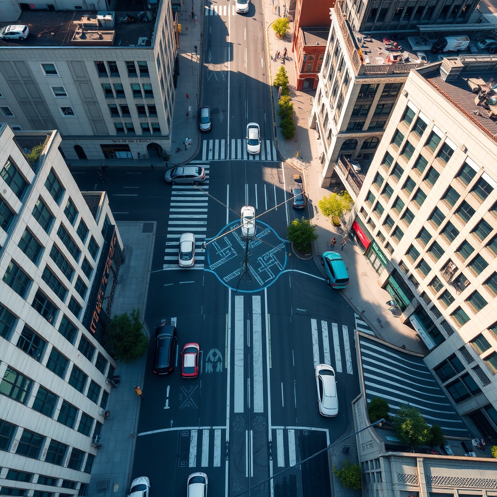 Bird's Eye View of a Bustling City Intersection