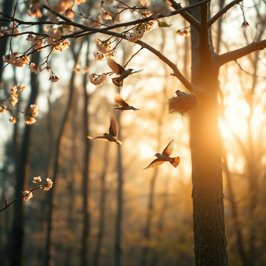 Birds flying in a serene forest with warm sunlight and soft focus