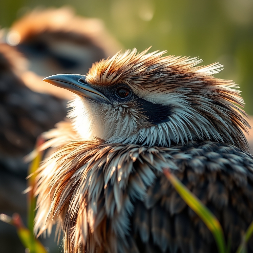 Close-up of birds in natural habitat, soft light, detailed feathers. Feathers in morning dew.