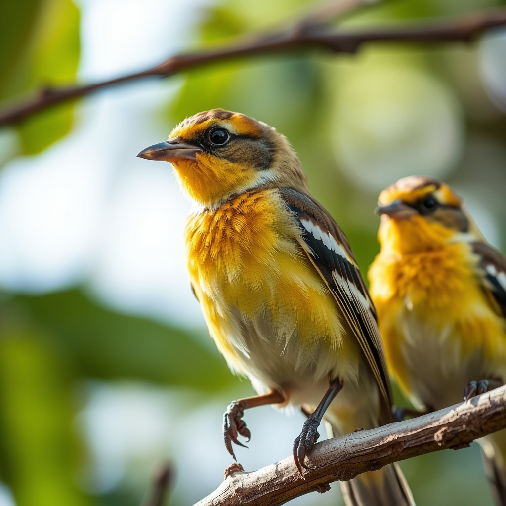 Two birds with vibrant yellow and brown feathers are perched on a branch, their beaks pointed towards the left side of the image.