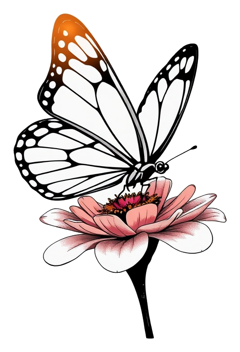 A delicate butterfly sits atop a pink flower, its wings spread wide in the soft light of dusk.