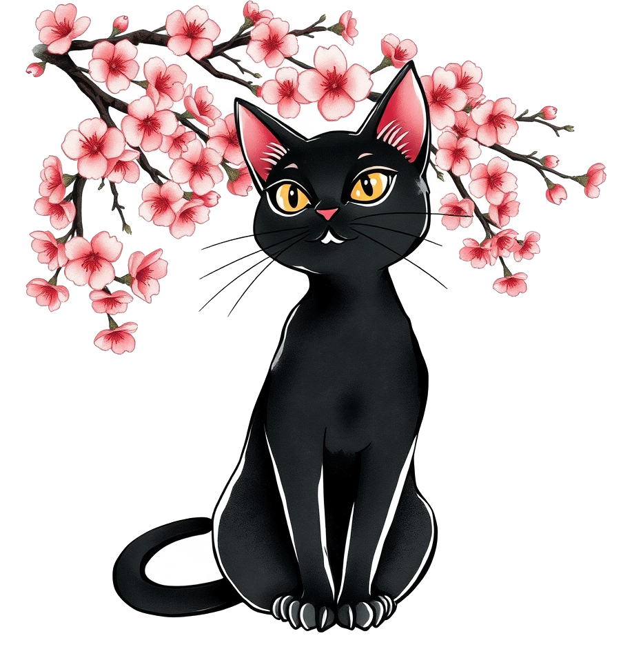 桜の木の枝の下に座る黒猫